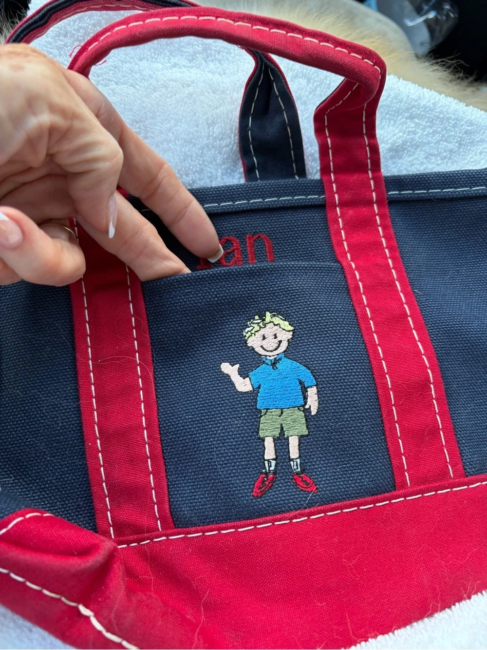 L.L. Bean Navy and Red Personalized “Ian” mini Boat & Tote with Boy Embroidery