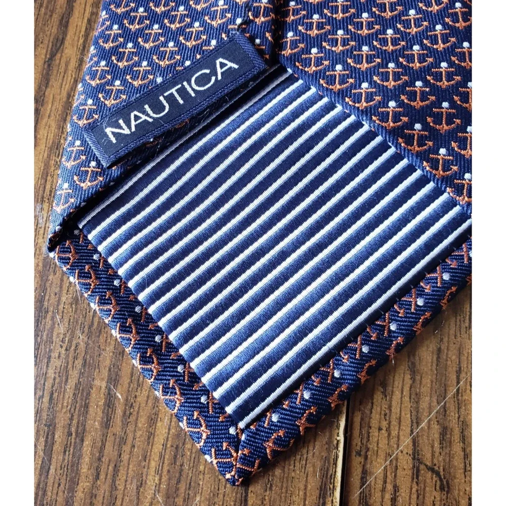 Nautica Blue With Orange Anchors Nautical Design Silk Necktie Tie