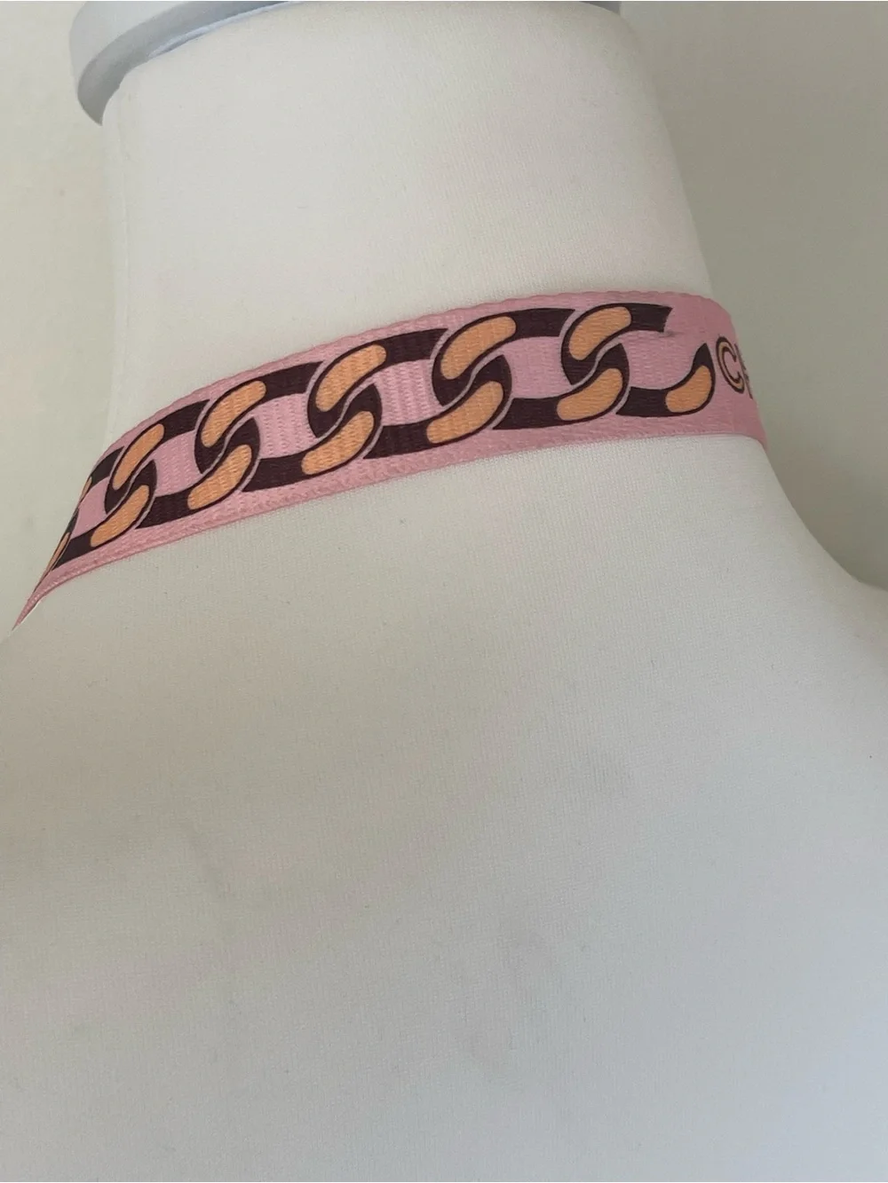 CHANEL Pink Chain-Print Lanyard with Gold Hardware