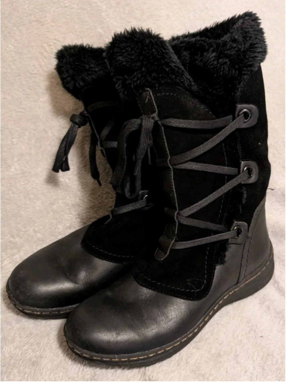 Bare Traps Aide Women's 8.5M Side Zip Up Leather Boots Lace Up Faux Fur B233
