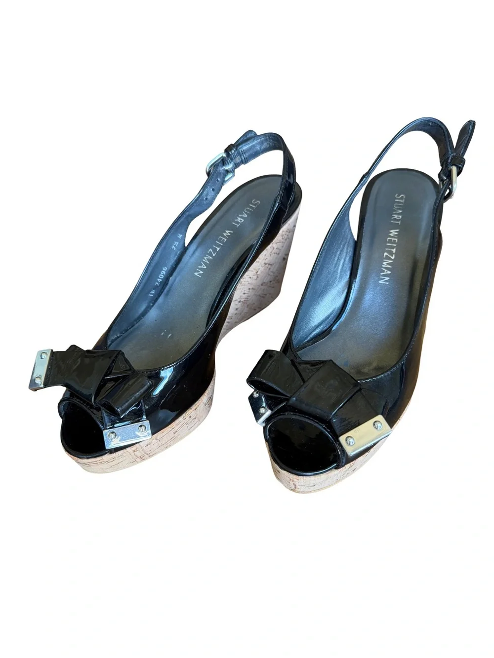 Stuart Weitzman Bodajean Patent Leather Cork Wedge Slingback Sandals 7.5