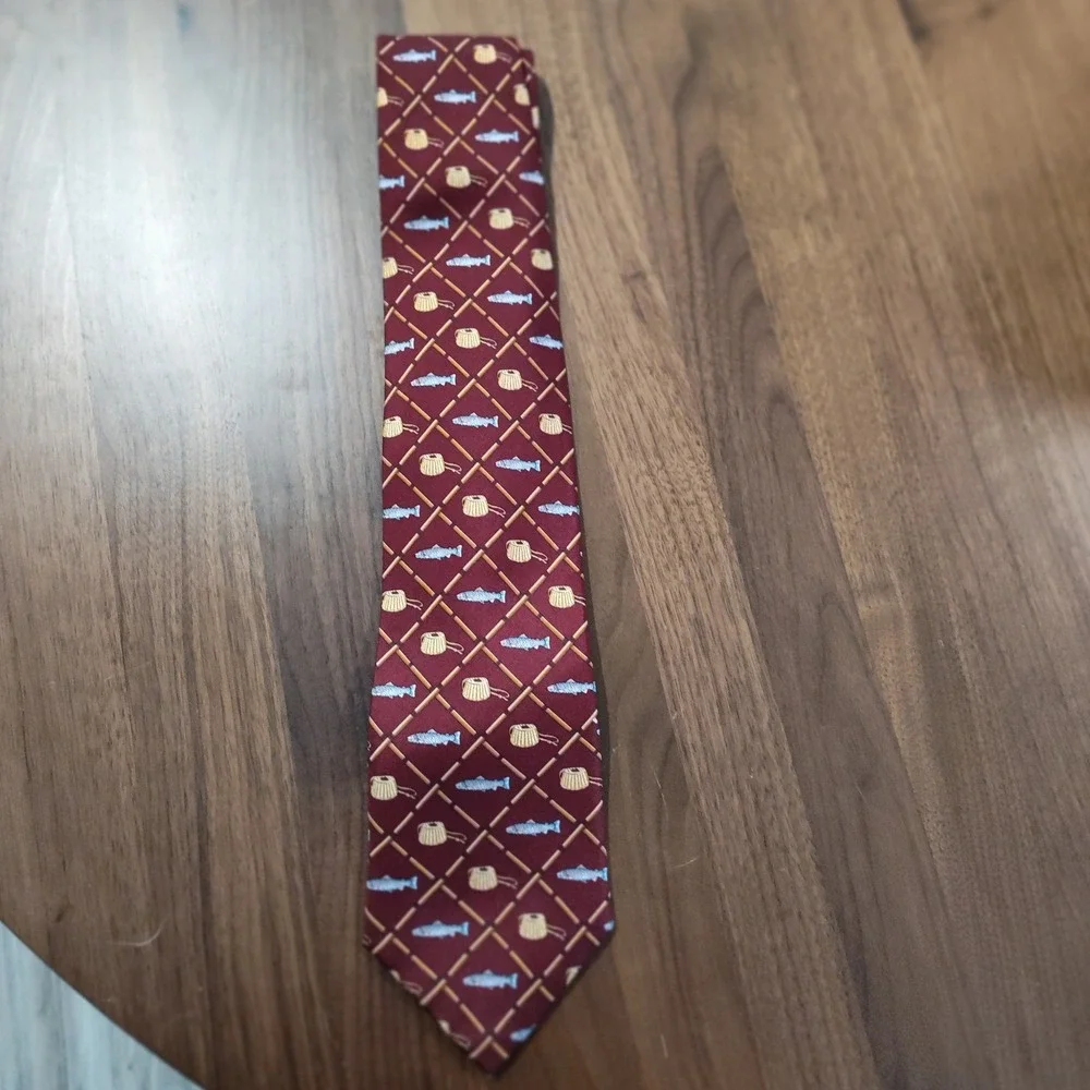 Alynn Neckwear Mens Silk‎ Tie Trout & Creel Fly Fishing Rods Burgundy Novelty