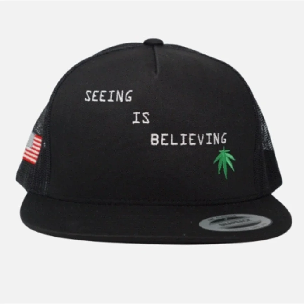 Yupoong Seeing Is Believing Black Trucker Hat Snapback American Flag Leaf Cap