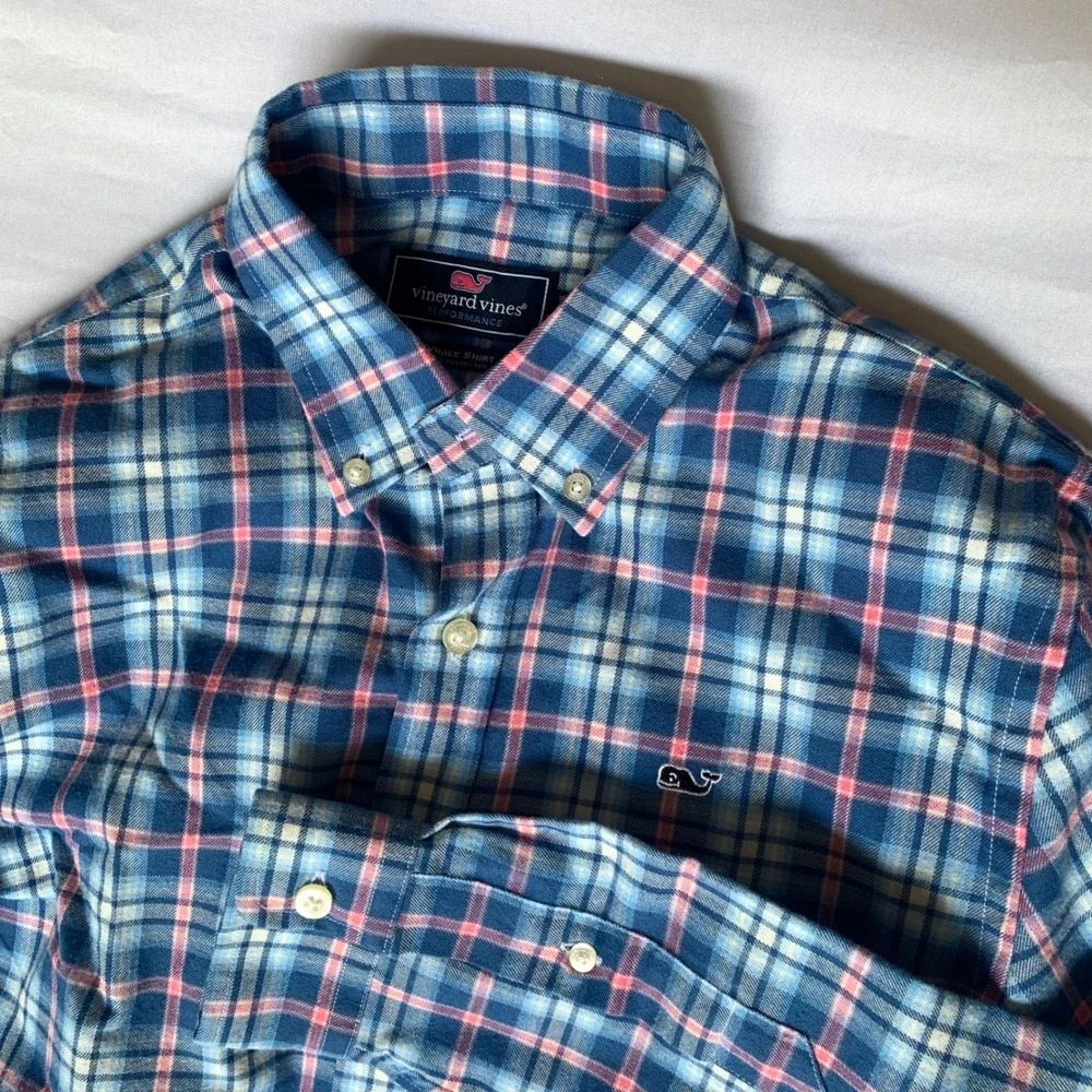 Vineyard Vines Performance Whale Shirt Boys Large 16 Blue Pink Plaid Button Down