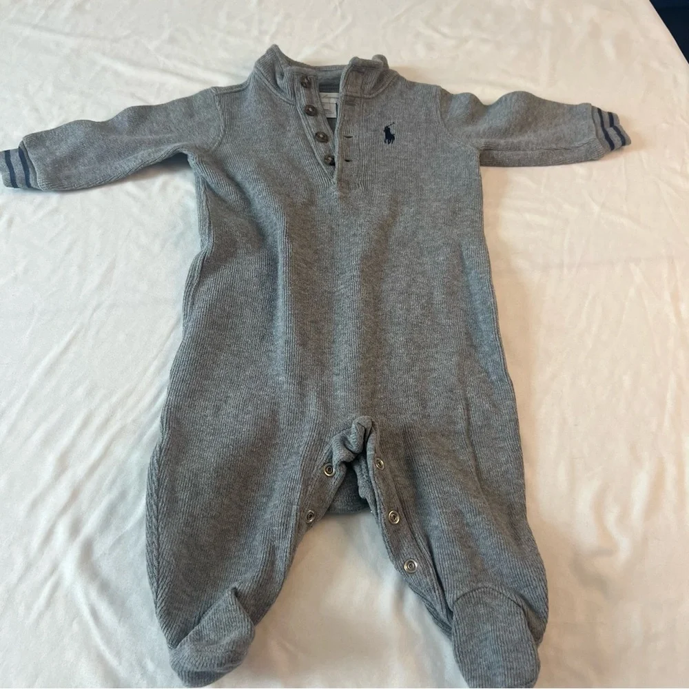 Ralph Lauren Baby Boys Gray Waffle Knit Footed Sleeper Romper 3M Pony Henley