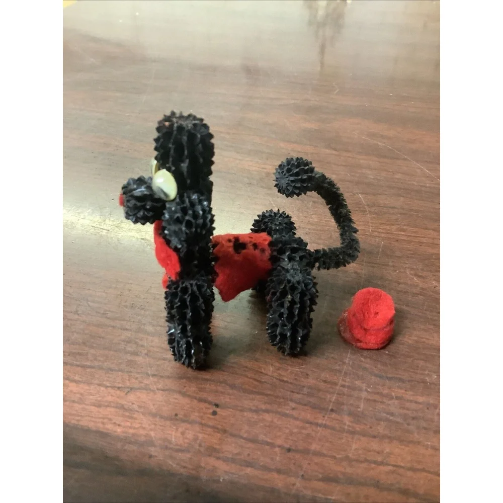 Quirky Vintage Hand Crafted Black Poodle Figurine Sweetgum Seed Pods