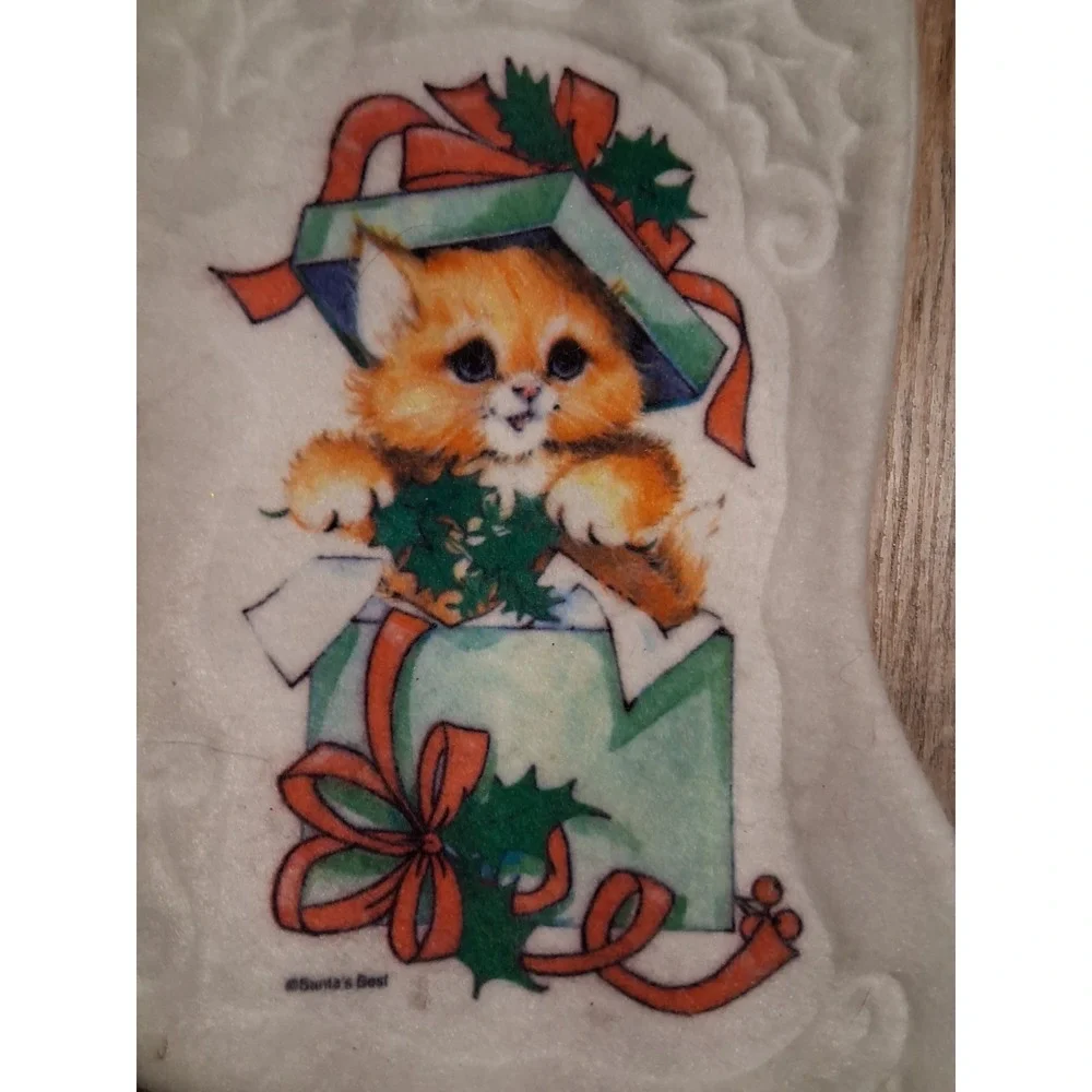 Vintage 80s 90s‎ Christmas Stocking Felt Kitten Kitty Cat Santa's Best