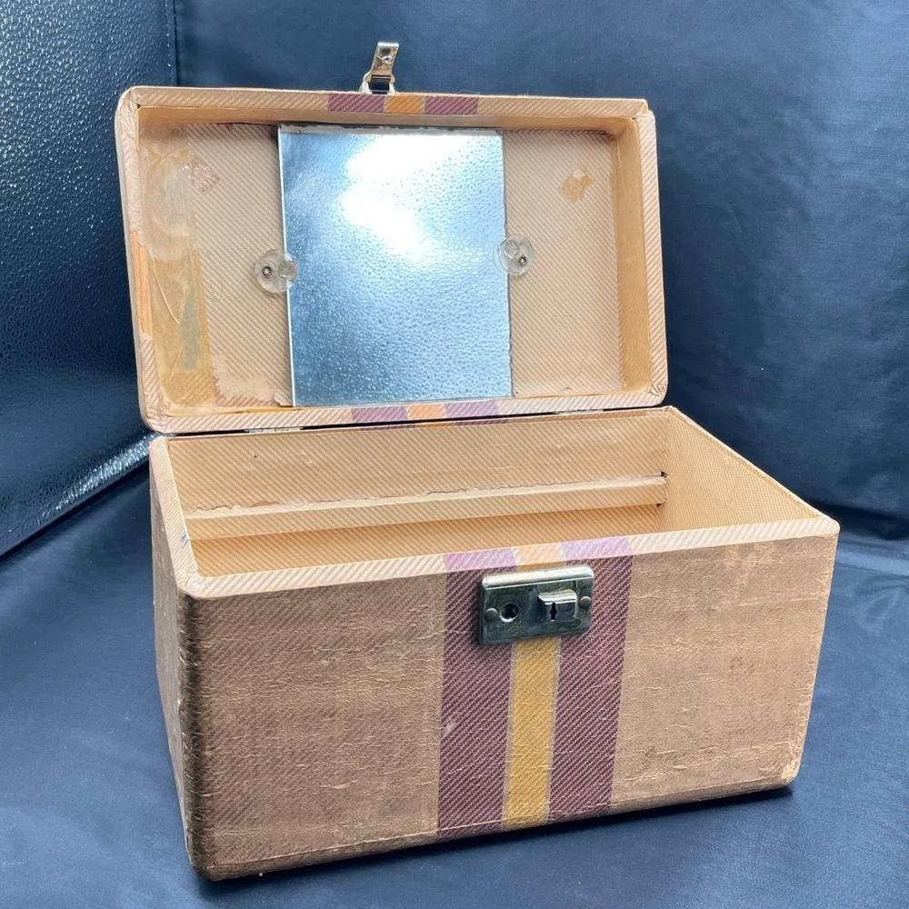 Vtg Vanity Case Train Luggage Retro Makeup Box Storage Trunk Handle Lock No Key