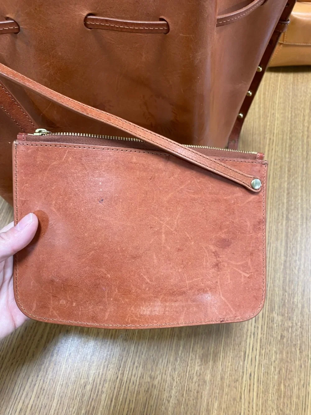 Mansur Gavriel Leather Drawstring Bucket Bag in Cognac Brown