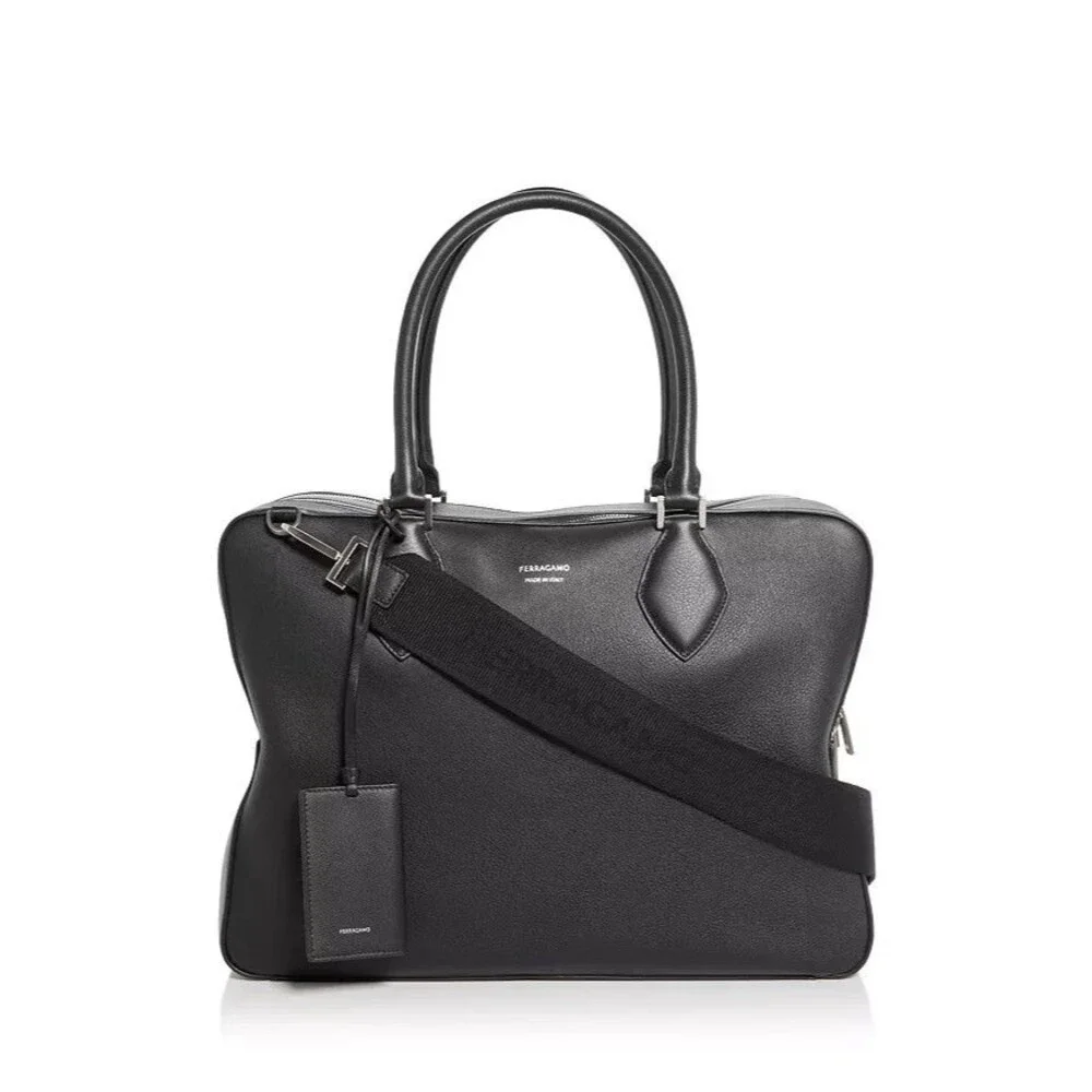 SALVATORE FERRAGAMO Mens Star Black Leather Triple Zip Tote Briefcase $3300
