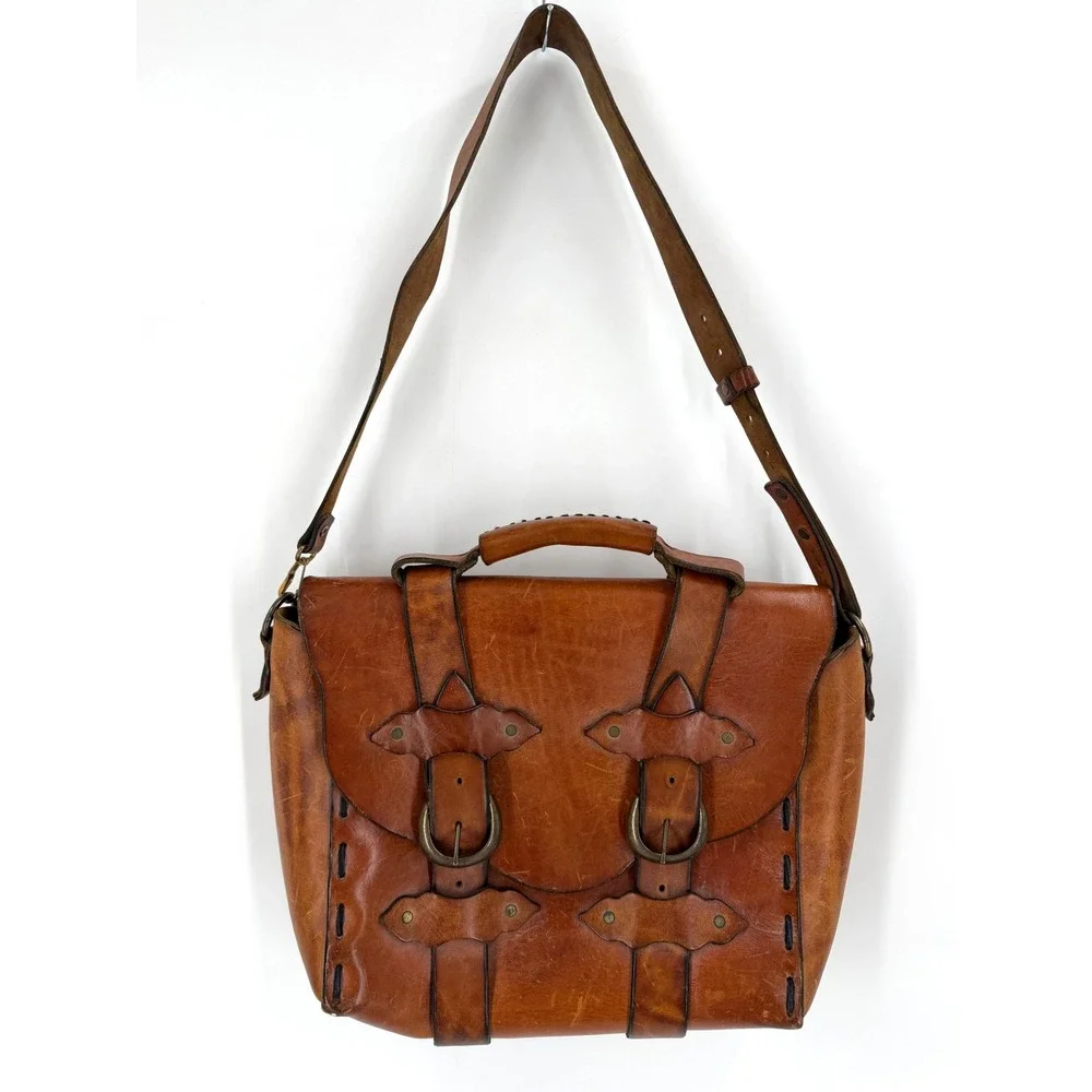 Handmade Leather Satchel Bag Unisex Medium Brown Western Boho Artisan Messenger‎