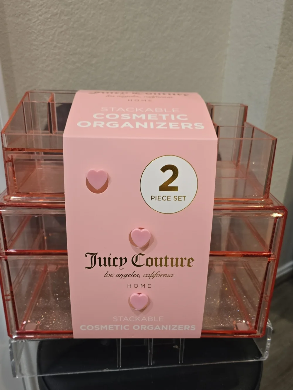Juicy Couture Home 2-PC Stackable Acrylic Makeup Organizer Set- Pink