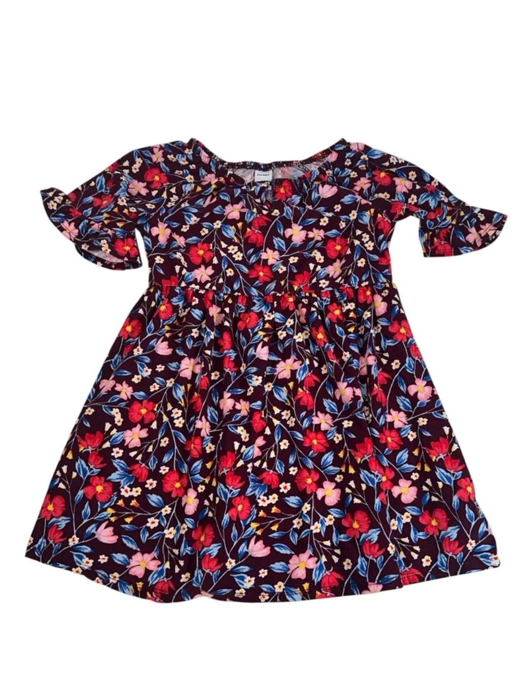 Old Navy Floral Dress Size 4T Burgundy with Red and Blue Florals Ruffle Boho