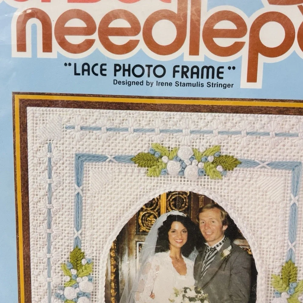 Vintage Sunset Needlepoint Wedding Lace Photo Frame Kit Fits 8x10 NOS