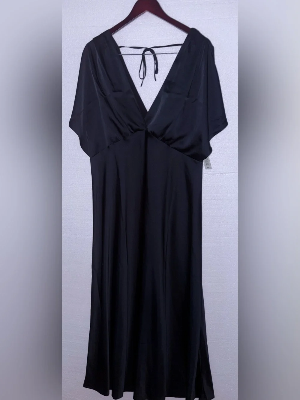 A New Day Flutter Sleeve Black Satin V-Neck Slip Dress