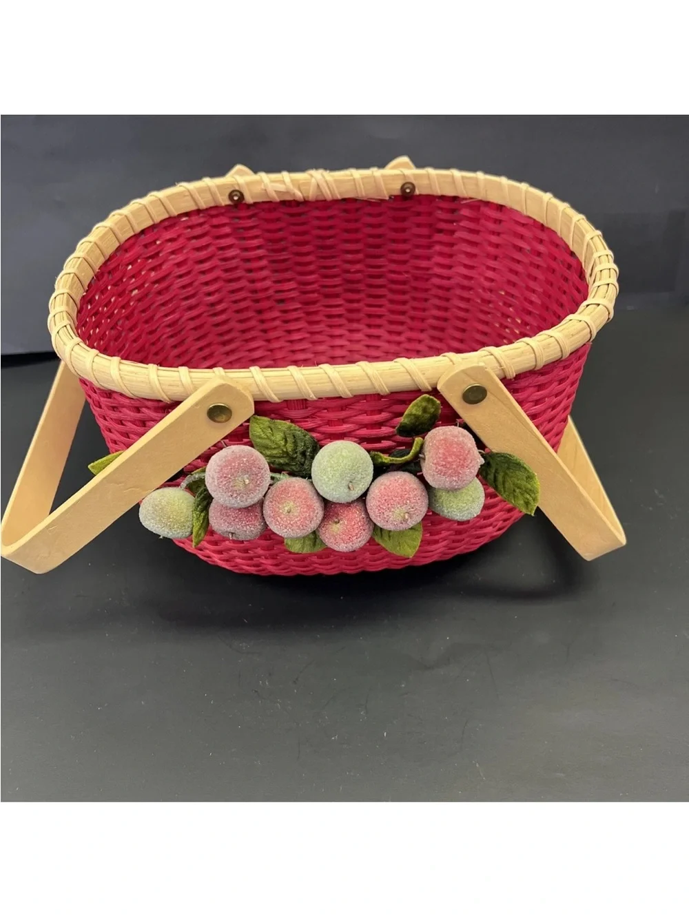 Vintage Red Woven Peterboro Oval Basket With Sugared Fruit & Double Handles 10”