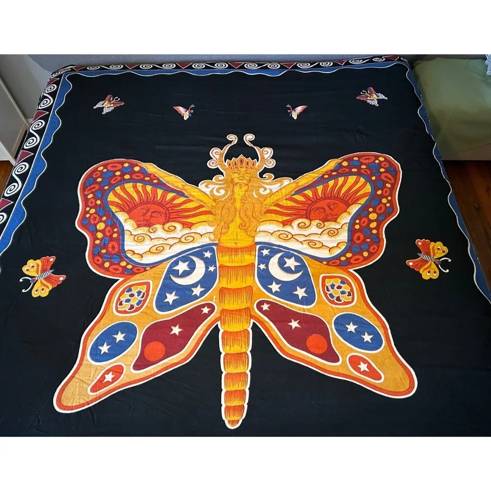 Hand loomed Fairy Butterfly Sun & Moon Tapestry Bed Wall India 85” X 102”‎