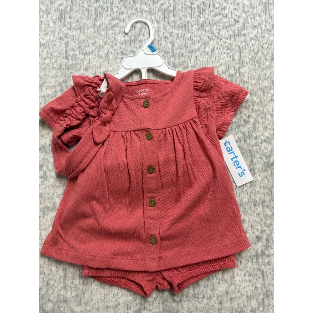 Carters Baby Girl 3-Piece‎ Gauze Set Top Bloomers Headband Coral Pink 24M NEW