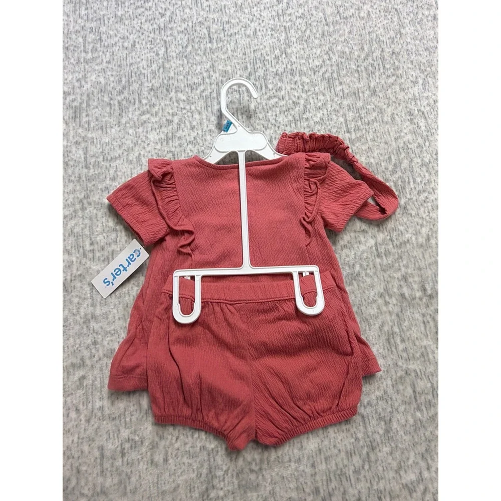 Carters Baby Girl 3-Piece‎ Gauze Set Top Bloomers Headband Coral Pink 24M NEW