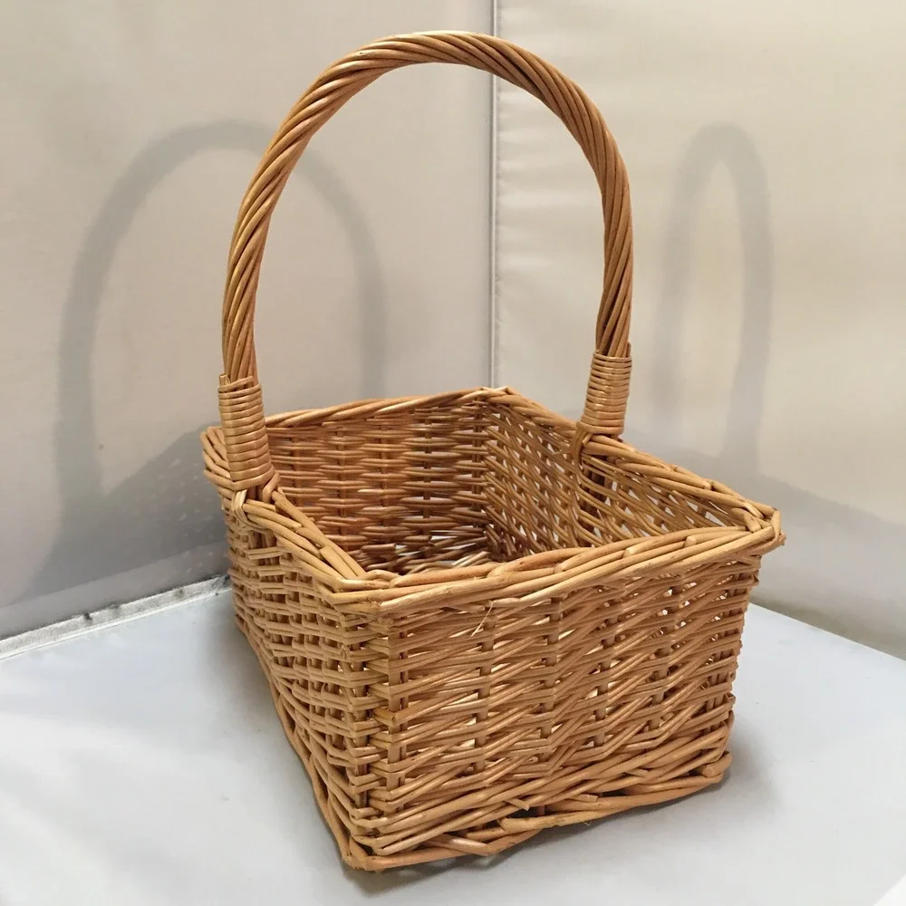 Wicker Basket Unisex Medium Tan Rectangular Woven Willow with Handle Cottagecore