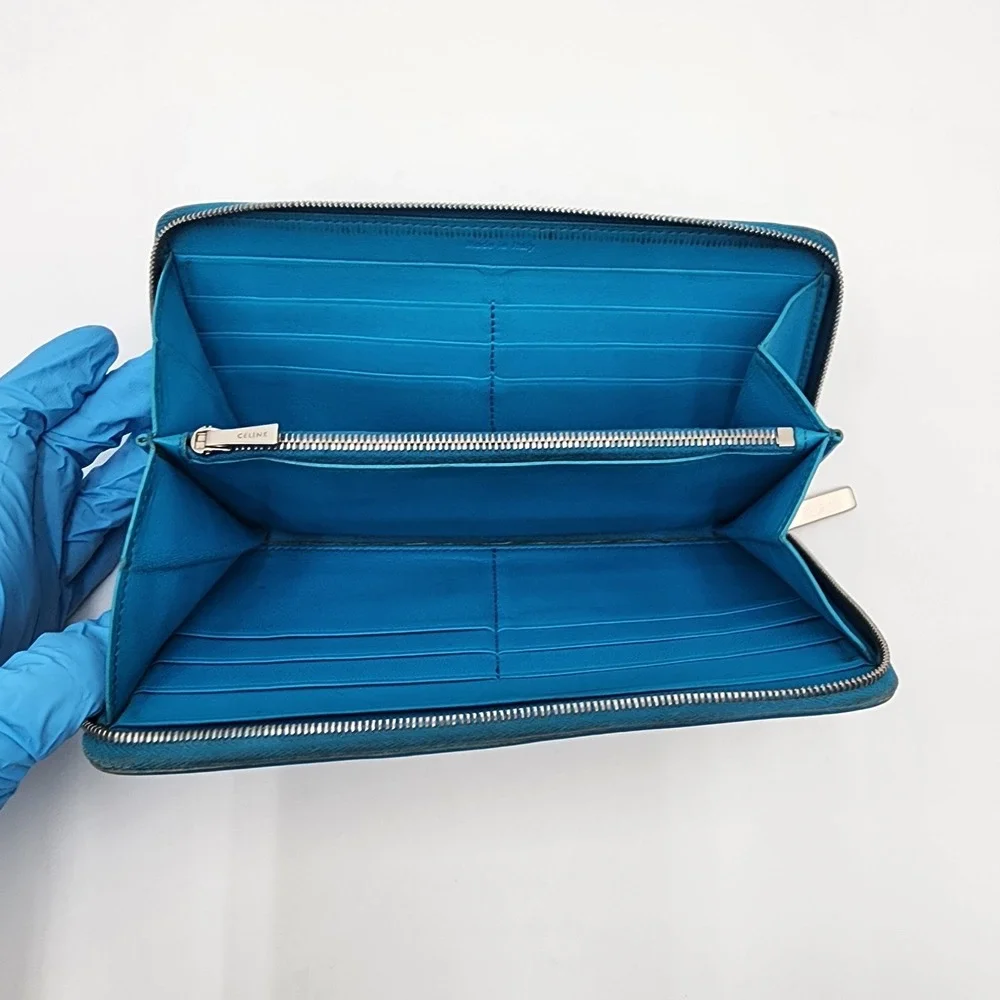 Authentic Celine Long Zippy Continental Wallet Blue Pebbled Leather Italy 2015