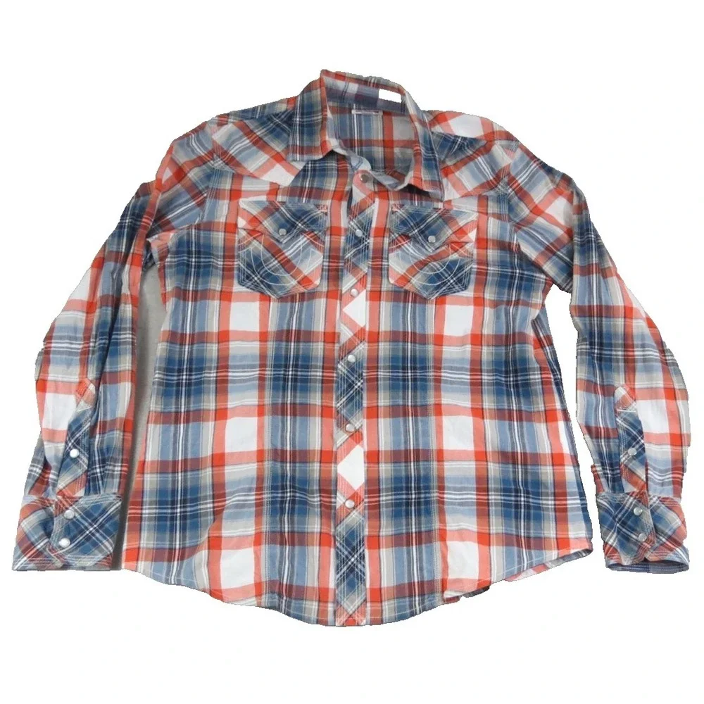 True Religion Premium Western Plaid Pearl Snap Shirt Men XL Red Blue Flap Pocket
