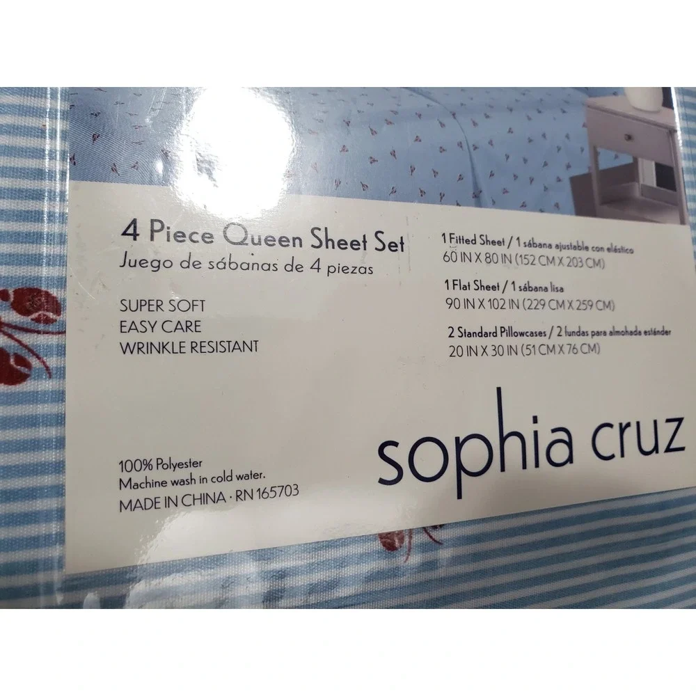 NEW 4 PC QUEEN SIZE sheet set lobster print nautical beach blue chambray stripes