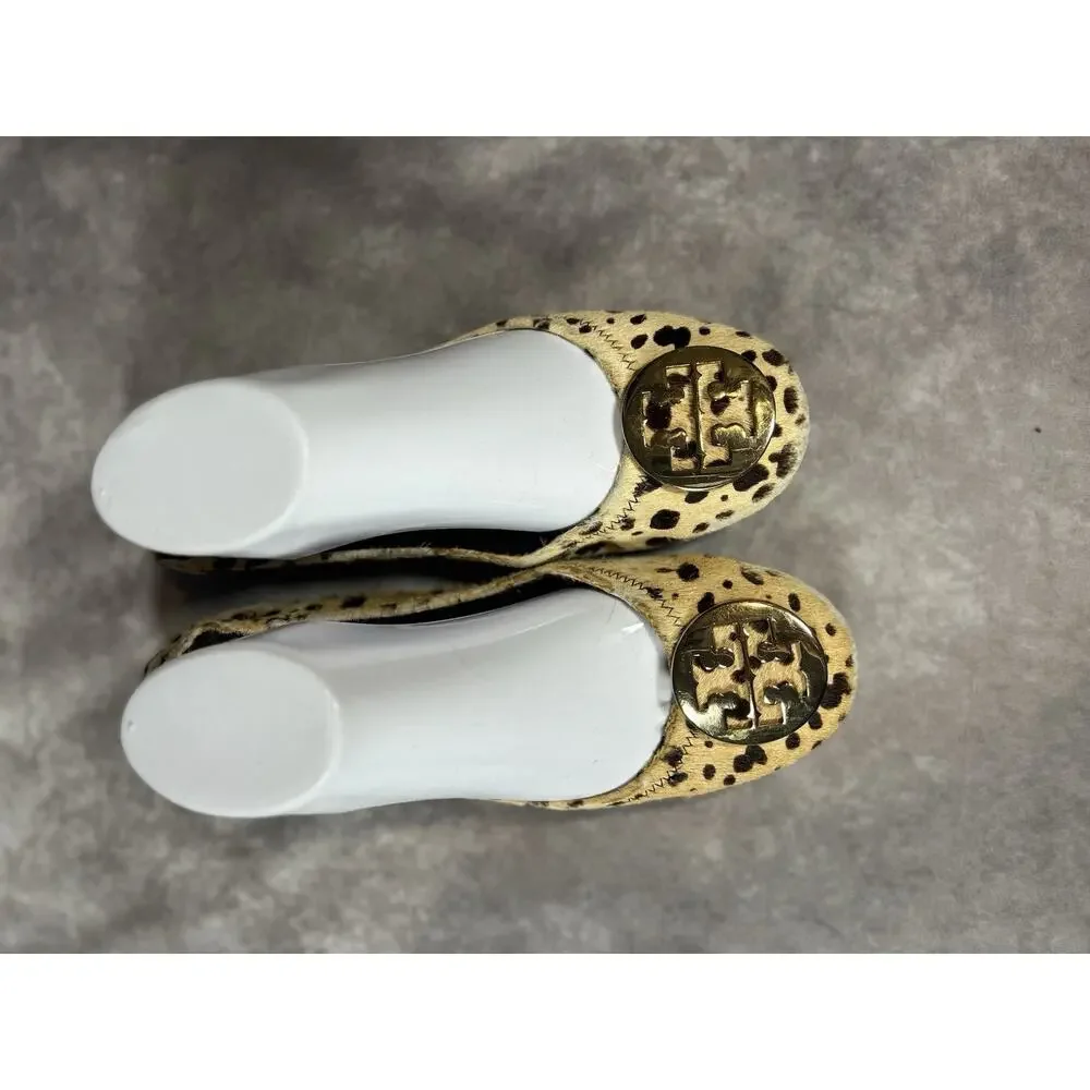 Tory Burch Reva Leopard Haircalf Ballet Flats Gold Logo Womens 6
