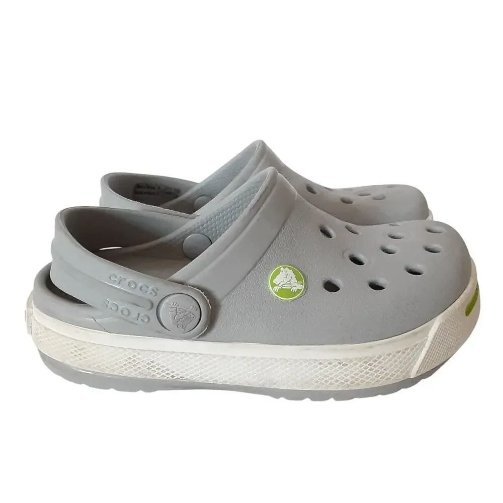 Crocs Crocband Clogs Boys 6/7 Gray Lime Green Stripe Retro Water Shoes Summer
