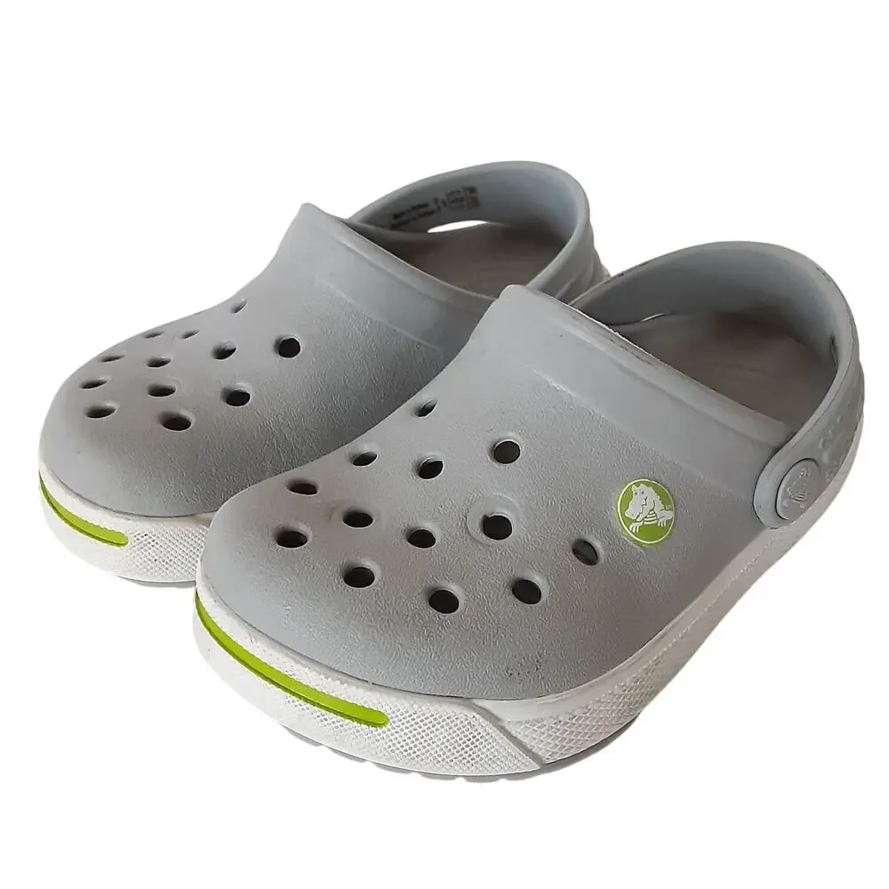 Crocs Crocband Clogs Boys 6/7 Gray Lime Green Stripe Retro Water Shoes Summer