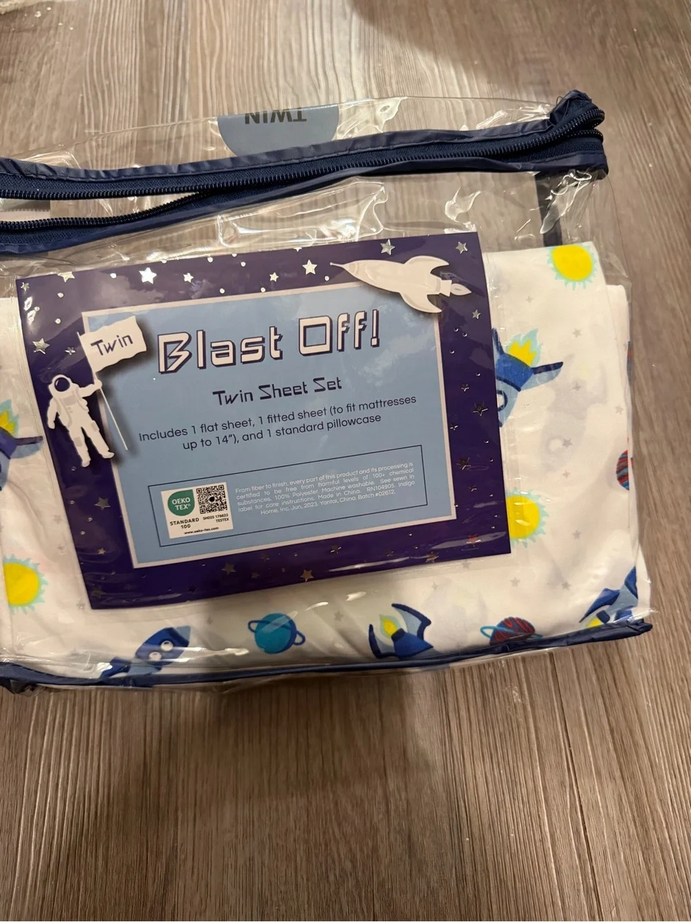 Blast Off! Twin Space Flat Sheet ONLY - White with Blue and Yellow Rockets- new