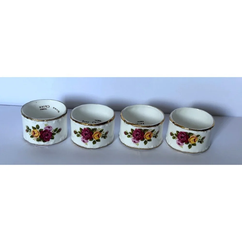 Vintage Bone China Napkin Rings Country Rose Cottage Floral Gold Trim Taiwan (4)