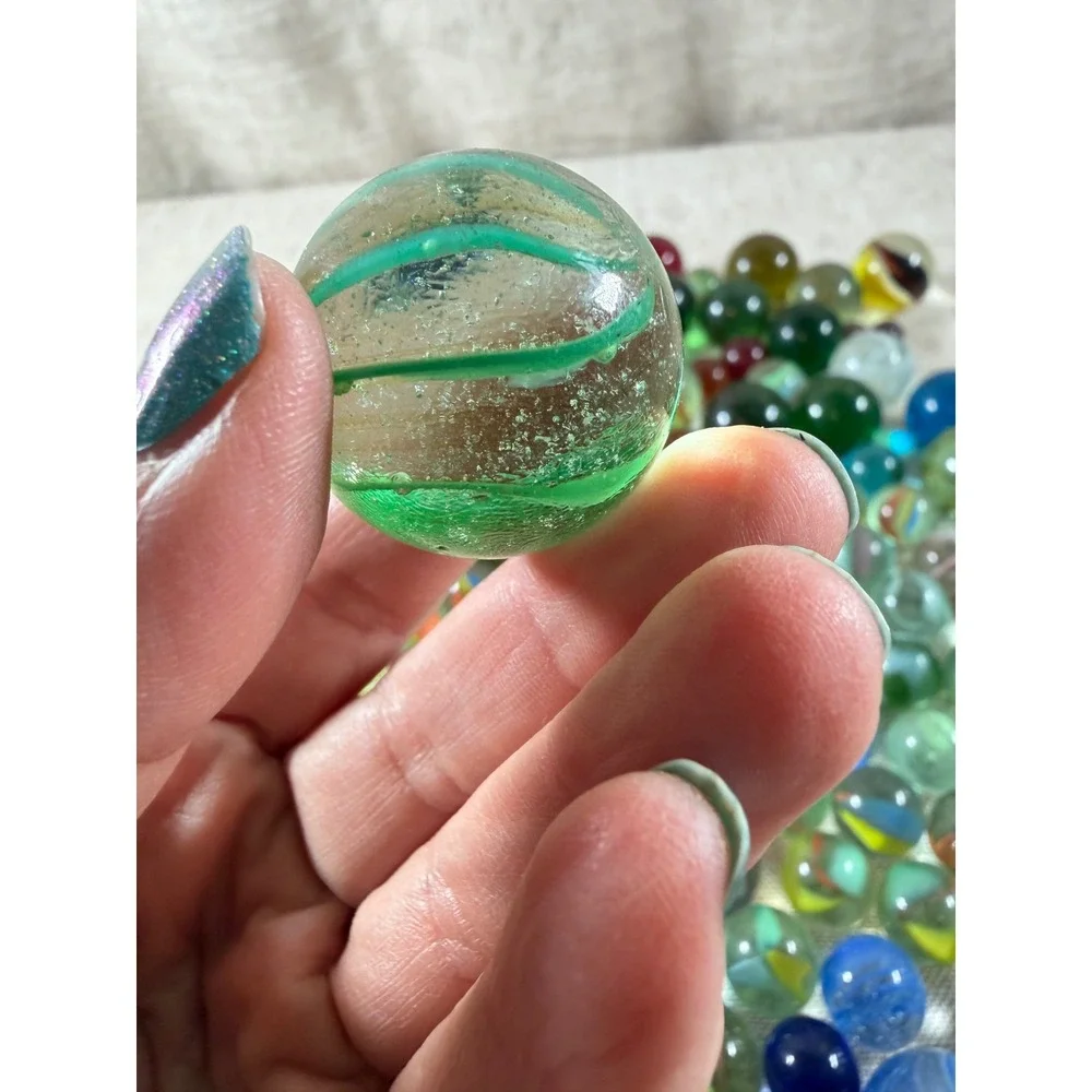 Large Lot Vintage Glass Marbles Assorted Colors Styles in Glass Mason Jar Lid