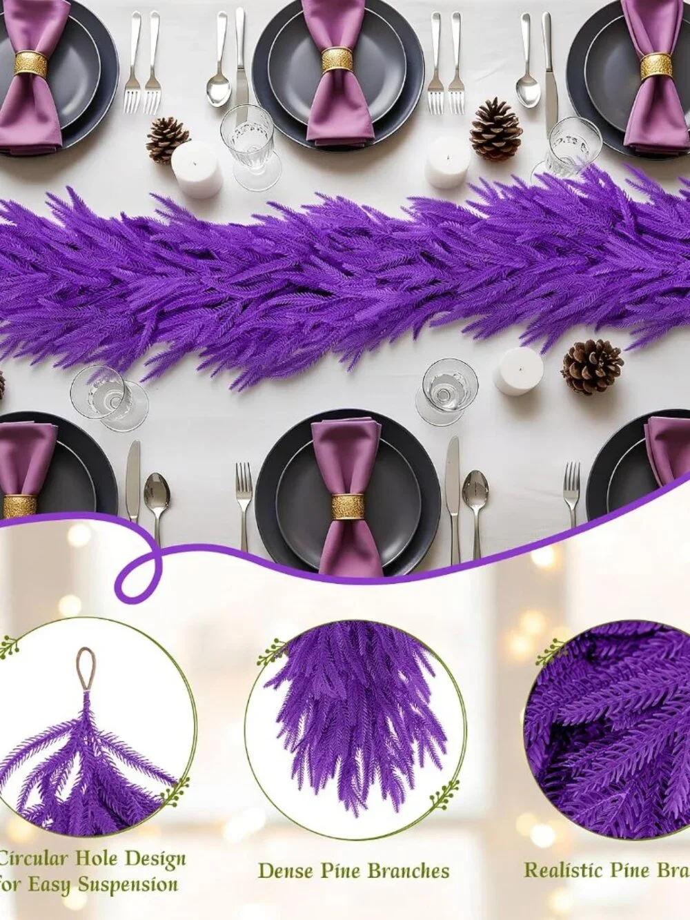 Purple Artificial Pine Garland Swag for Mantle, Table, Centerpiece, Staircase
