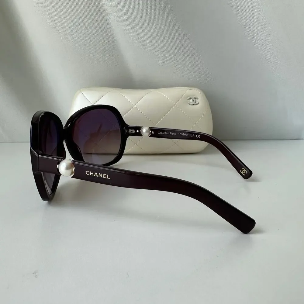 Chanel Collection Perle 5141-H Pearl Oversized Butterfly Sunglasses Brown w Case