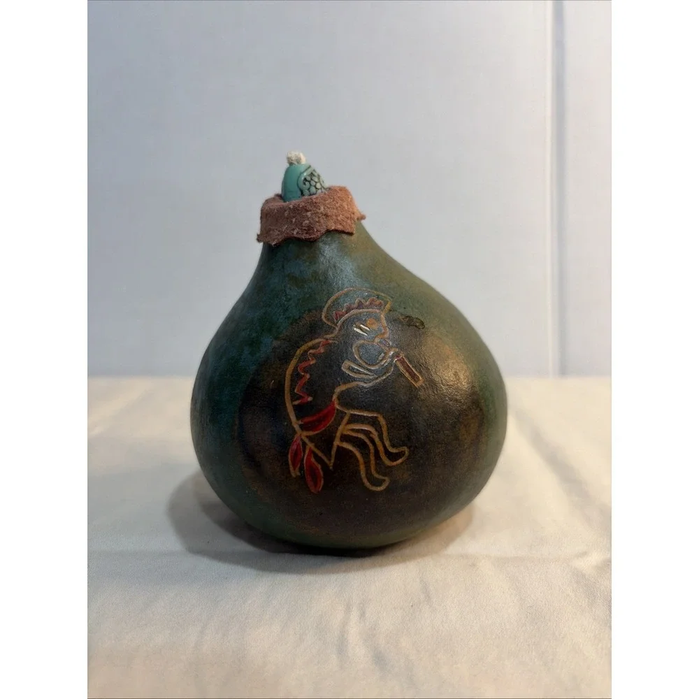 Vintage Signed Kokopelli Gourd Oil Lamp 1999 Southwestern Folk Art 4