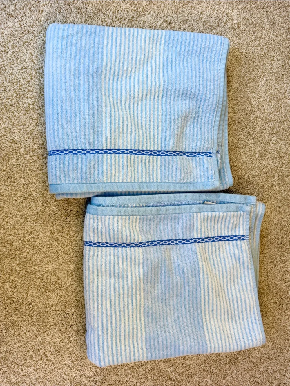 Vintage Bianca Jacquard Soft 100% Cotton 2Pc Bath Towels Portugal Blue Stripe