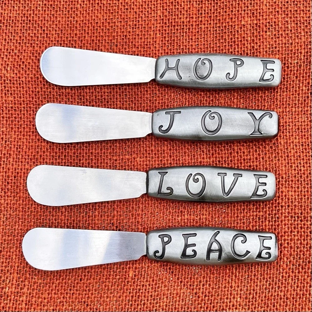 Holiday Spreader Knife Set (4) Stainless Cheese Appetizer Joy Love Peace Hope