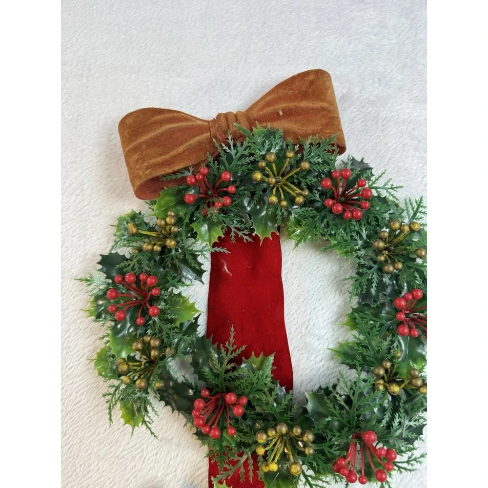 Vintage Plastic Triple Christmas Wreath with Bells on‎ Flocked Red Velvet Ribbon