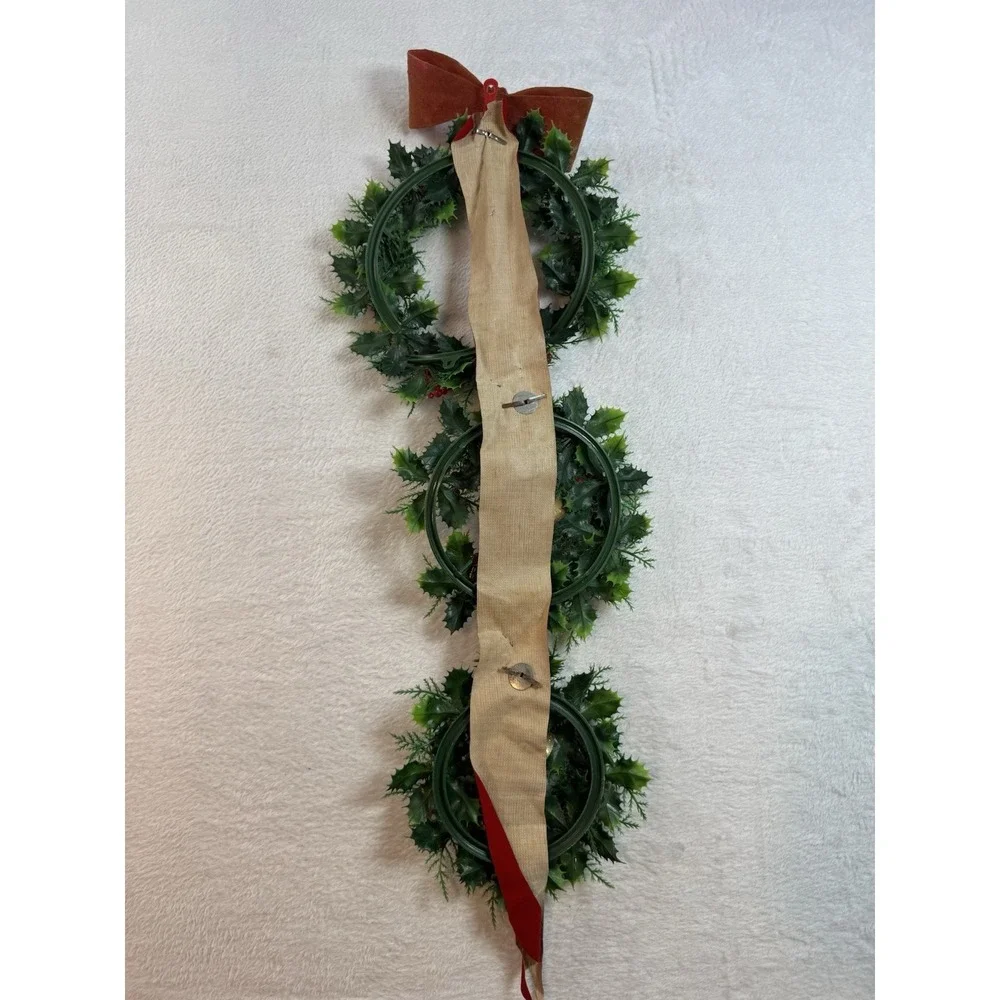 Vintage Plastic Triple Christmas Wreath with Bells on‎ Flocked Red Velvet Ribbon