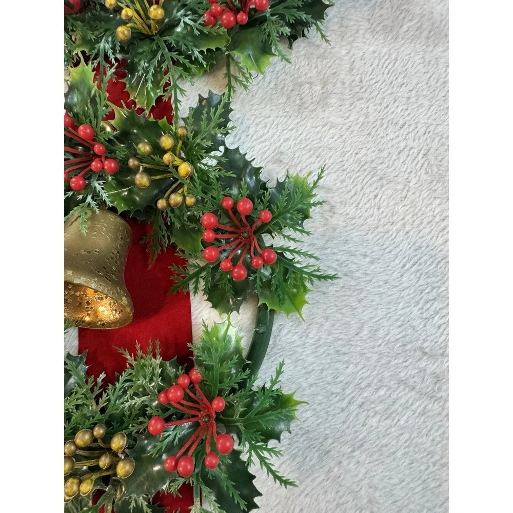 Vintage Plastic Triple Christmas Wreath with Bells on‎ Flocked Red Velvet Ribbon