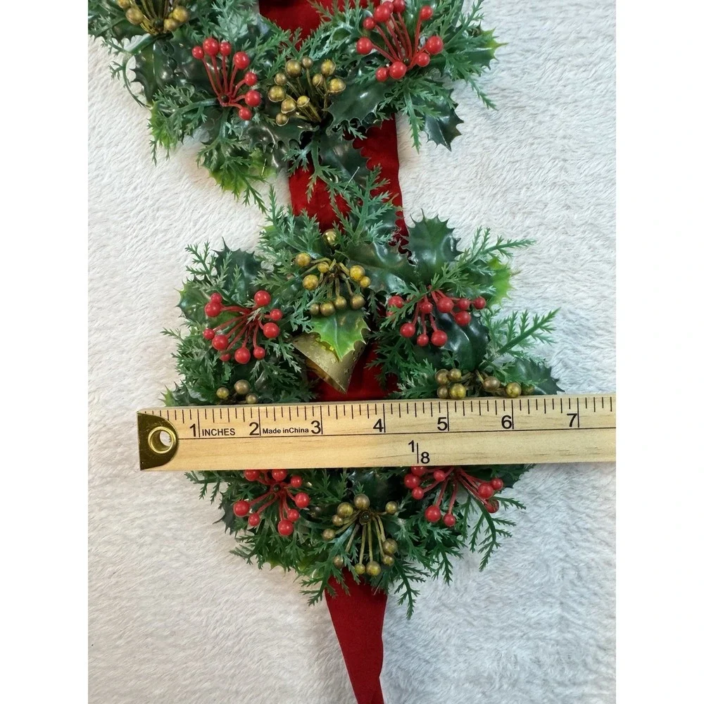 Vintage Plastic Triple Christmas Wreath with Bells on‎ Flocked Red Velvet Ribbon