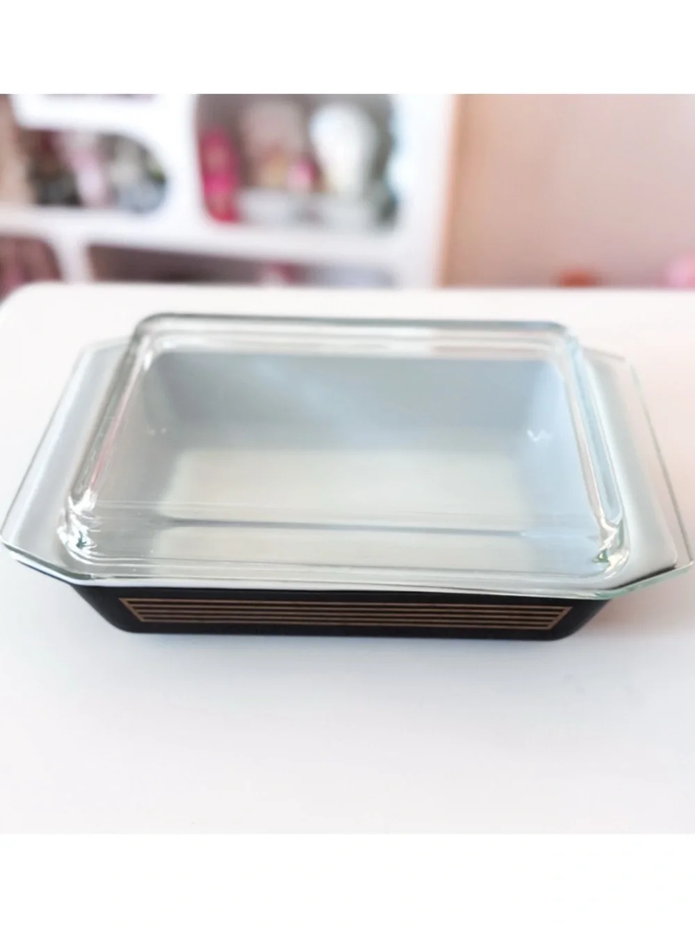 Pyrex 575 Musical Staff Space Saver Casserole w/ Lid, Black Gold, Vintage 1958