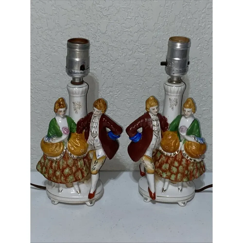 VTG Set Of 2 Made In Occupied Japan Porcelain Lamps Figurines Couples Work READ‎