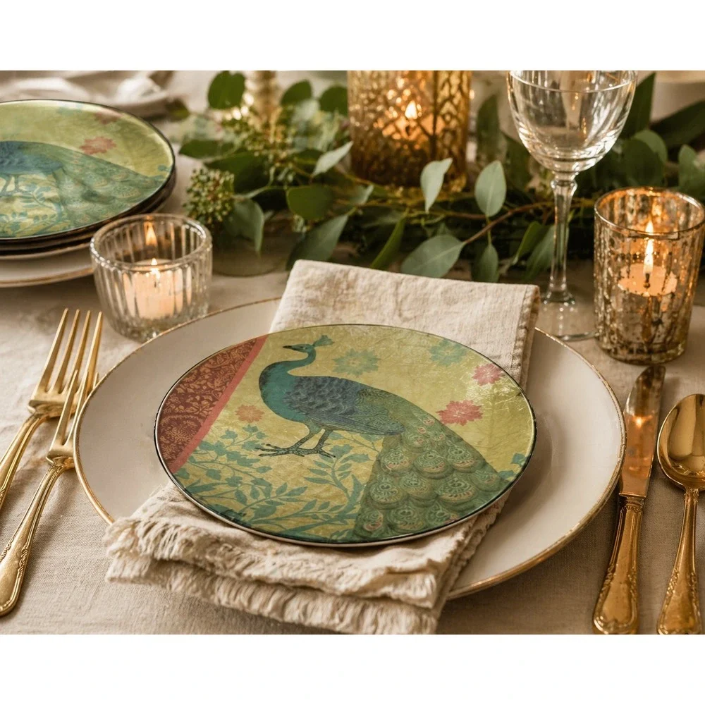 Pier 1 Peacock‎ Appetizer Plates Set 4 Glass Foil Boho Dessert 6 Inch