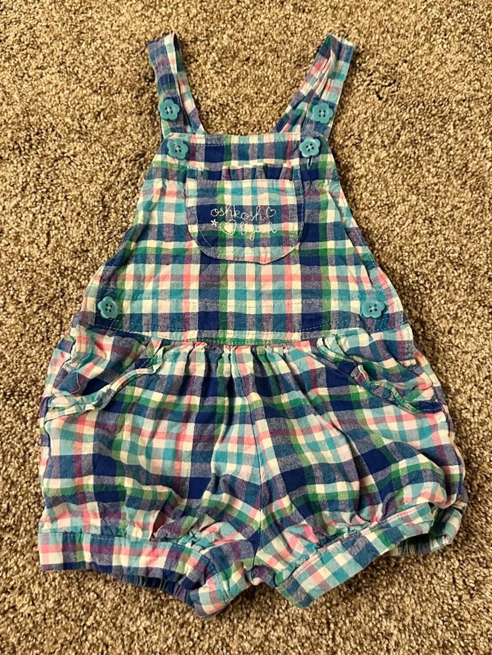Vintage Oshkosh Osh Kosh B'Gosh pastel blue & pink Shortalls 2T 3T BUBBLE flower