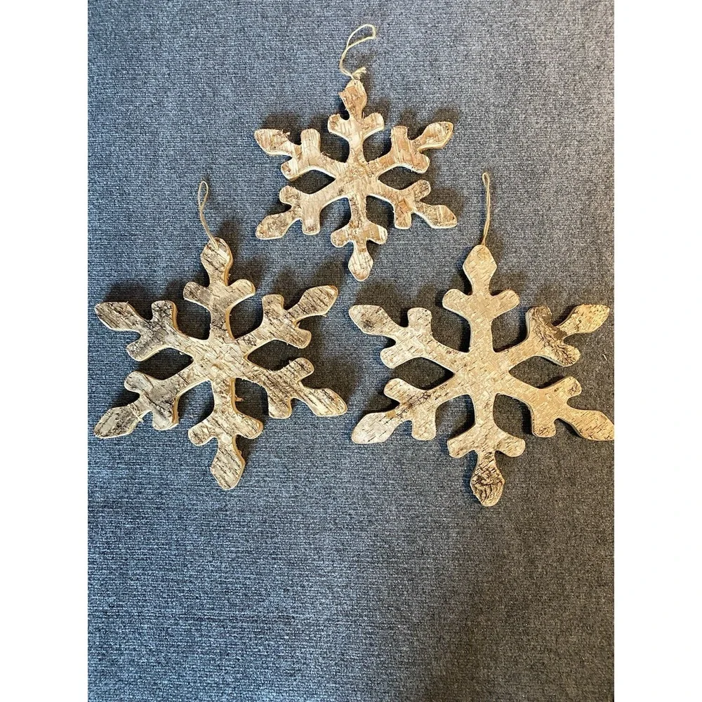Set Of 3 Rustic Distressed Natural Wood Snowflake Decor‎ Xmas Winter Cottagecore