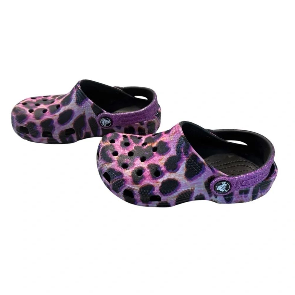 Girl’s Purple and Pink Animal Print Classic CROC with Glitter Strap. EUC