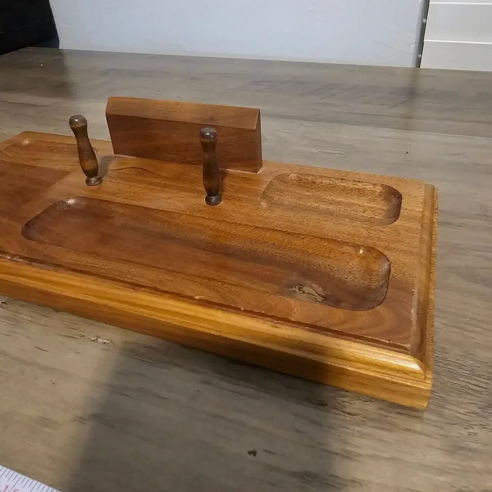 Vintage MCM Walnut Wood Mens Dresser Valet Tray Desk Catchall Organizer Caddy