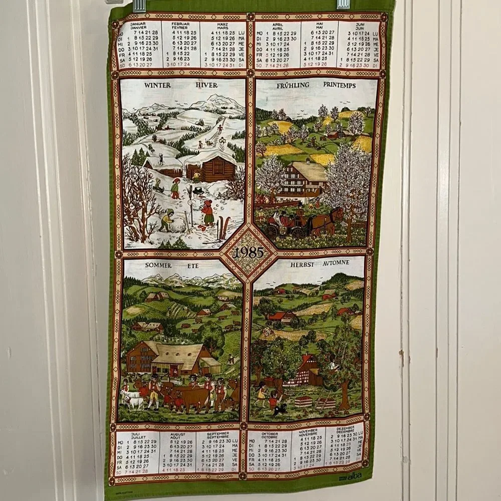 Vintage 1985 Alba cotton calendar tea towel/European scenes of the four‎ seasons